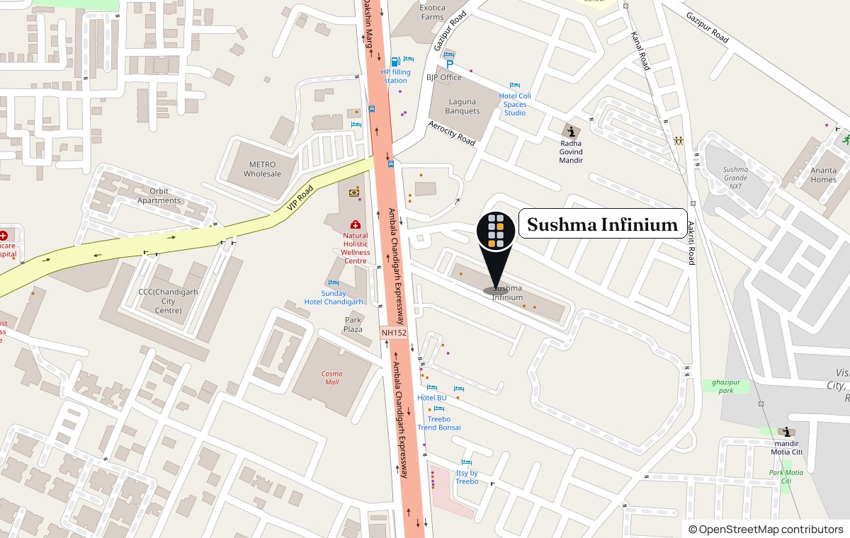Map: Sushma Infinium on the Ambala Chandigarh Expressway (NH 152), Zirakpur. Opens Google Maps